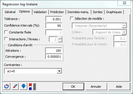 boite dialoggue regression log-linéaire options
