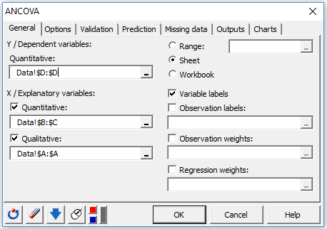 XLSTAT dialog box for ANCOVA analysis XLSTAT dialog box for ANCOVA analysis