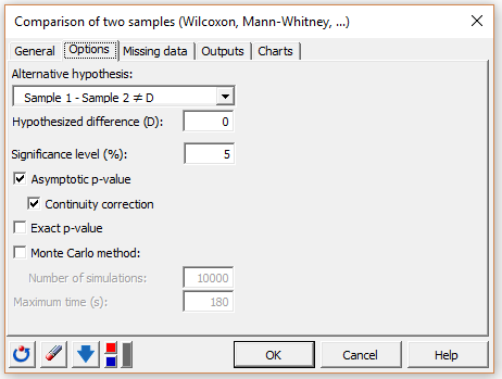 XLSTAT dialog box for setting up a Mann-Whitney test (option tab) XLSTAT dialog box for setting up a Mann-Whitney test (option tab)