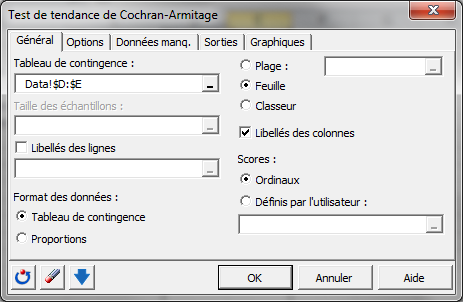 Test de tendance Cochran Armitage : Boîte de dialogue / Général