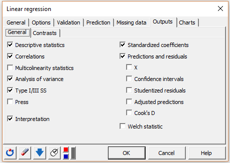 XLSTAT dialog box for setting up a Linear regression (outputs tab) XLSTAT dialog box for setting up a Linear regression (outputs tab)