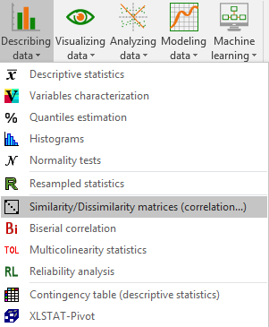 XLSTAT Describing data menu Similarity / dissimilariy matrix