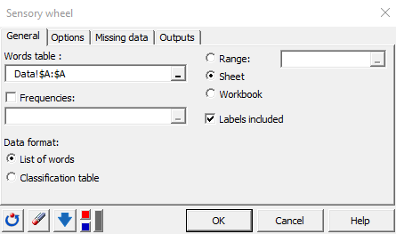 Sensory wheel dialog box in XLSTAT, general tab