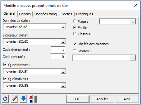 XLSTAT Cox boîte de dialogue