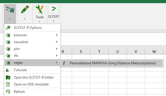 XLSTAT-R Menu in Excel, adonis permutational ANOVA, vegan package