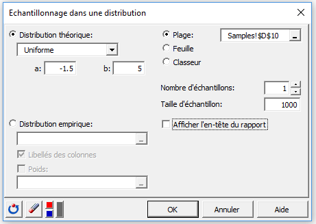XLSTAT boîte de dialogue pour effectuer une échantillonnage dans une distribution uniforme XLSTAT boîte de dialogue pour effectuer une échantillonnage dans une distribution uniforme