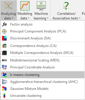 XLSTAT Analyzing data menu k-means