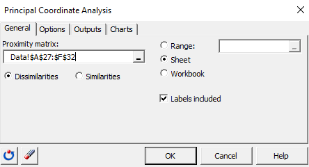 Principal Coordinate Analysis in Excel - XLSTAT: dialog box general tab