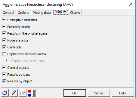 XLSTAT AHC in Excel, dialog box Outputs tab