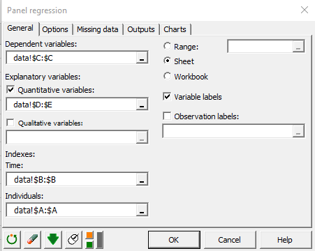 XLSTAT-R Panel Regression in Excel, Dialog Box, General Tab