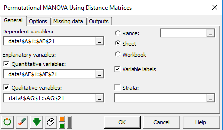 XLSTAT-R adonis dialog box, general tab