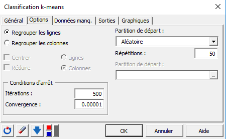 XLSTAT Classification k-means, boîte de dialogue, onglet Options