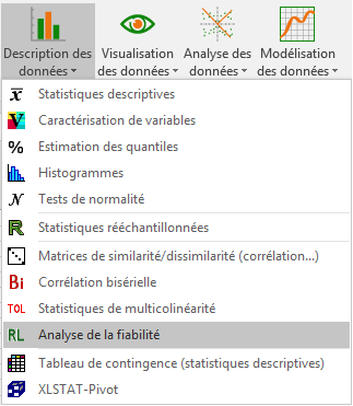 XLSTAT menu Description des Données, analyse de fiabilité