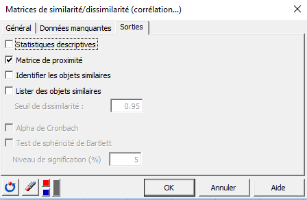 XLSTAT Matrices de similarité/dissimilarité boîté de dialogue, Sorties