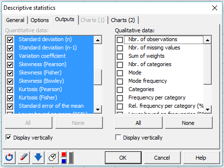 XLSTAT Dialog box for Descriptive statistics - Outputs tab