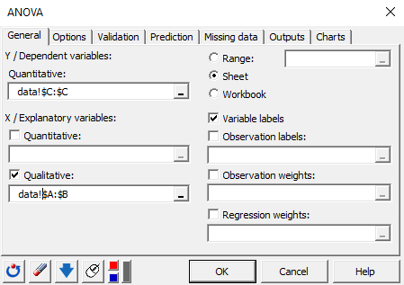 XLSTAT ANOVA General Tab