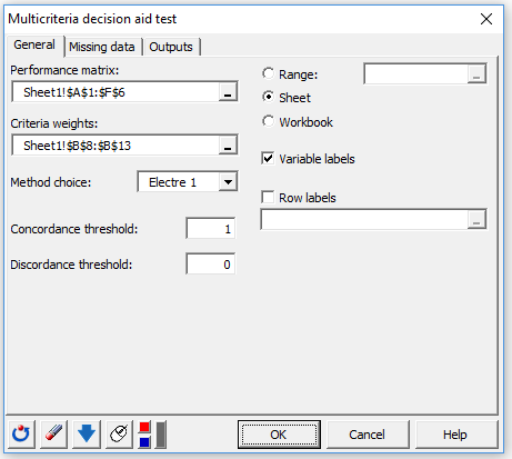 Multicriteria decision aid test dialog box